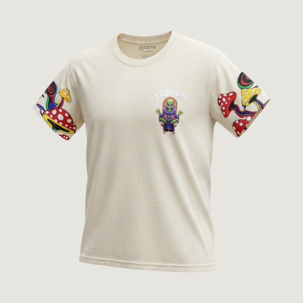 RGSTR Trippy Alien Mushroom Graphic Shirt Mens Medium Cream Streetwear Festival